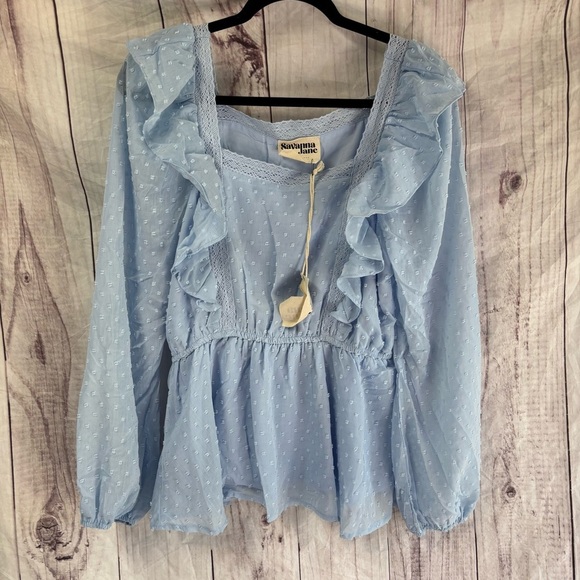 Savanna Jane Baby Blue Pastel Spring Ruffled Smocked Blouse Large NWT - Picture 1 of 7